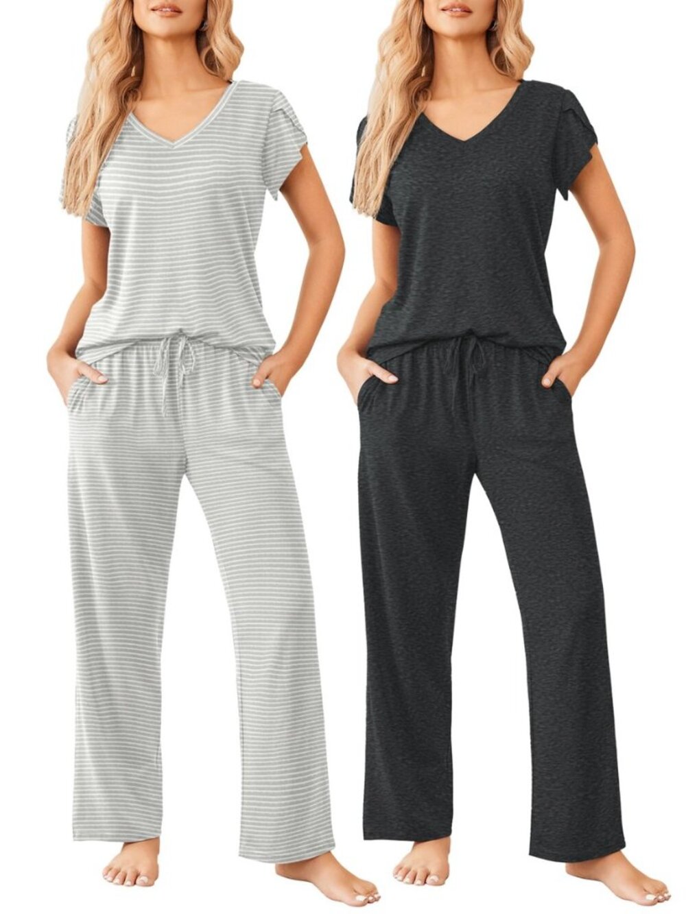 2 Pack Womens Pajama Set Short Sleeve Sleepwear Soft Pjs Lounge Set